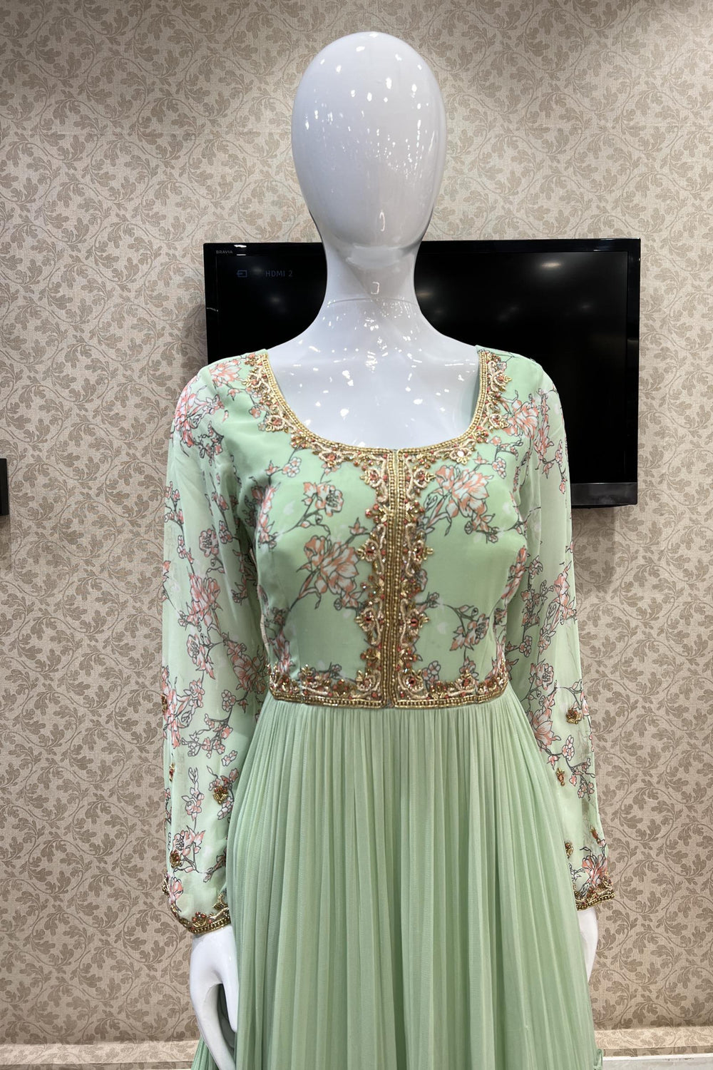 Green Zardozi, Beads and Kundan work with Floral Print Floor Length Anarkali Suit - Seasons Chennai
