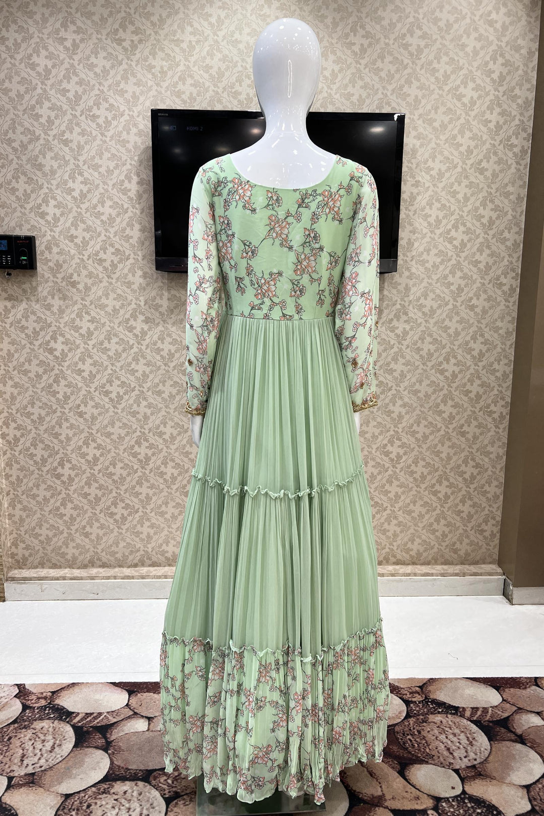 Green Zardozi, Beads and Kundan work with Floral Print Floor Length Anarkali Suit - Seasons Chennai