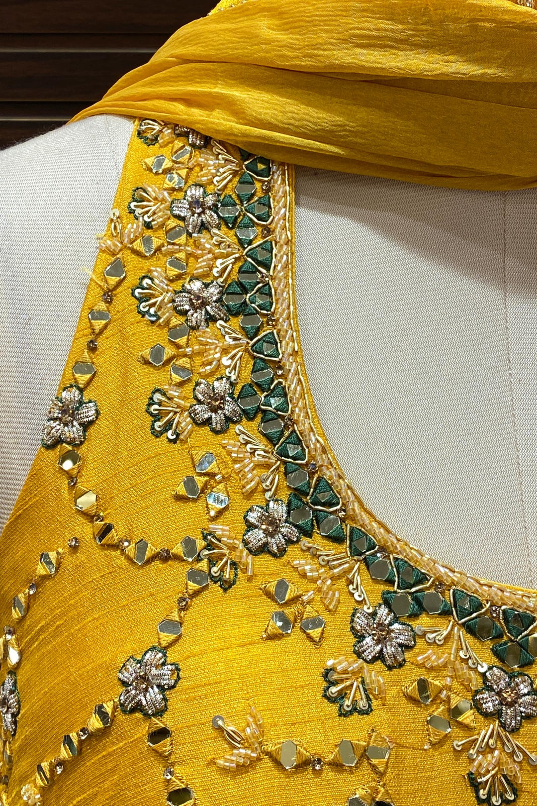 Yellow with Green Shaded Beads and Mirror work Anarkali Suit with Halter Neck - 4