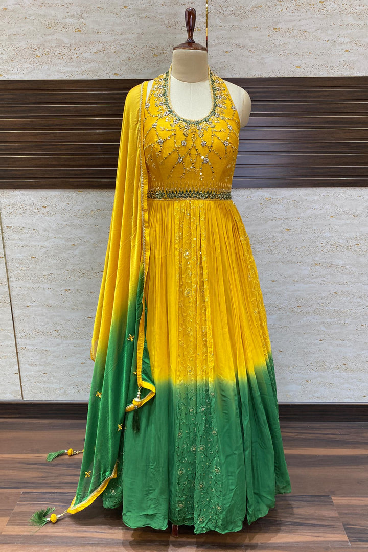 Yellow with Green Shaded Beads and Mirror work Anarkali Suit with Halter Neck - 1