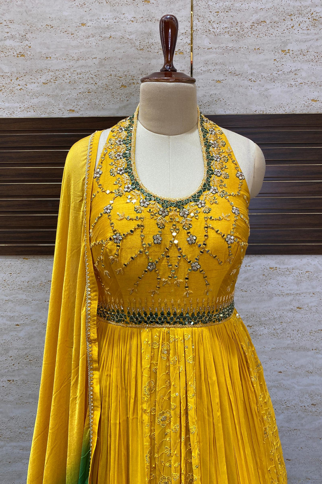 Yellow with Green Shaded Beads and Mirror work Anarkali Suit with Halter Neck - 2
