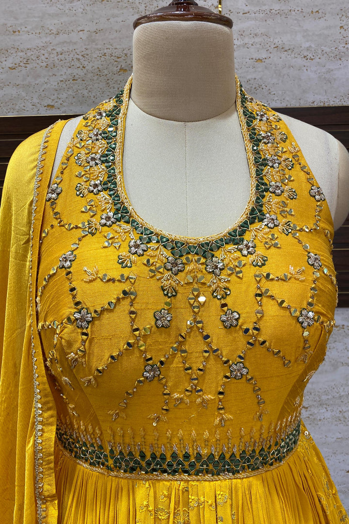 Yellow with Green Shaded Beads and Mirror work Anarkali Suit with Halter Neck - 3