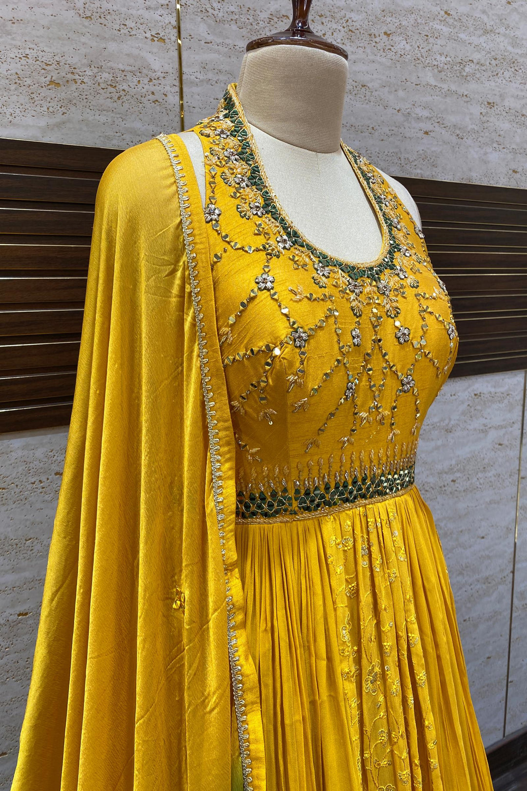 Yellow with Green Shaded Beads and Mirror work Anarkali Suit with Halter Neck - 5