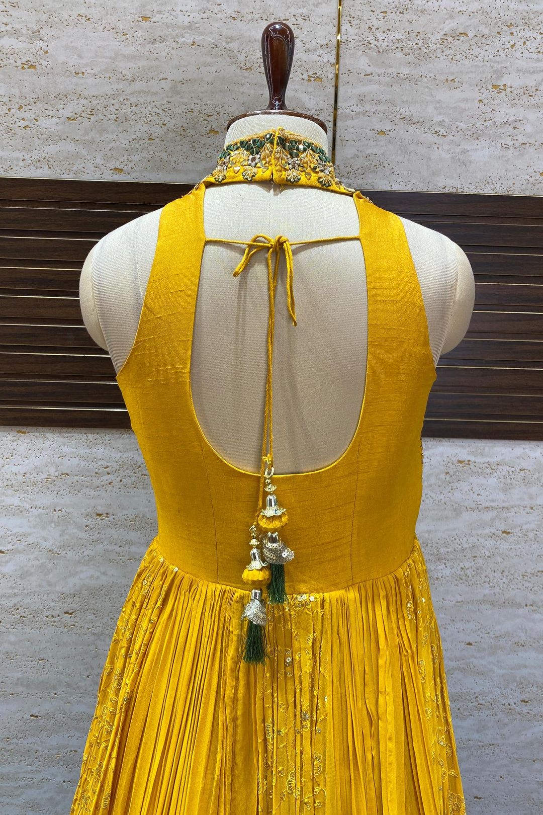 Yellow with Green Shaded Beads and Mirror work Anarkali Suit with Halter Neck - 7