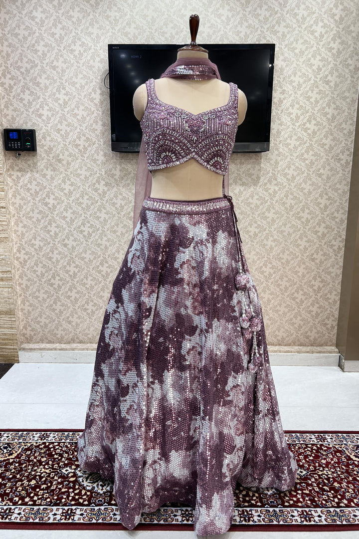 Onion Pink Tie and Dye Print, Stone, Beads and Pearls work Crop Top Lehenga - Seasons Chennai
