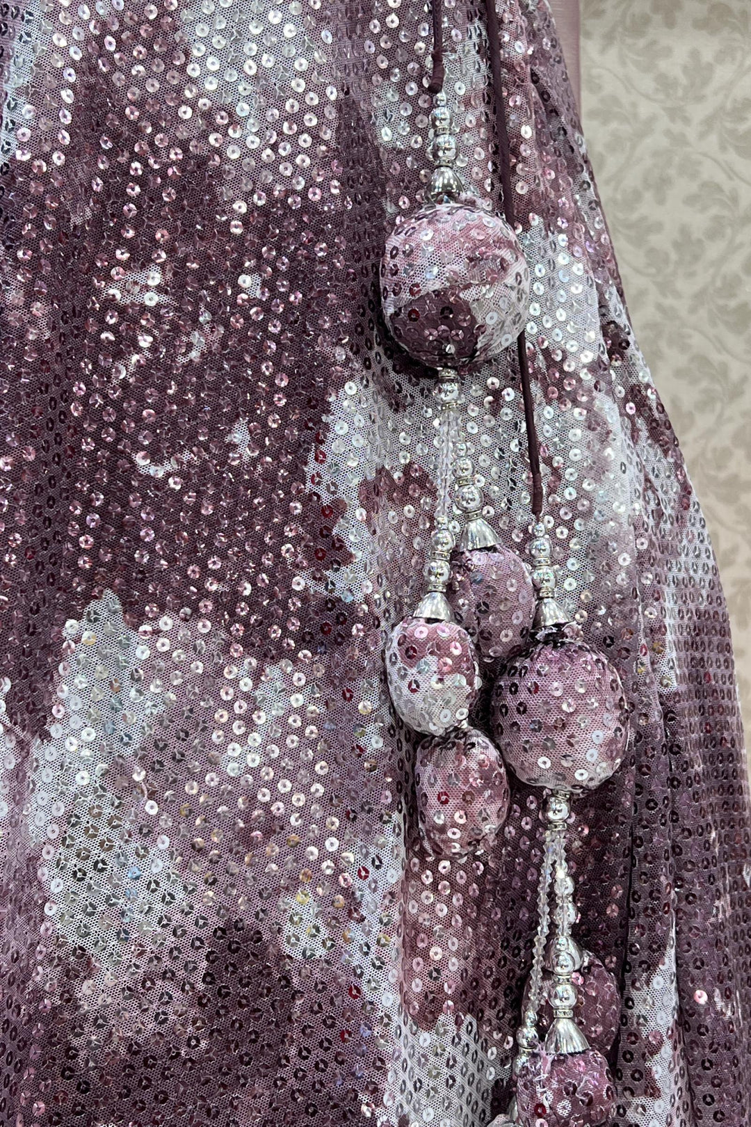 Onion Pink Tie and Dye Print, Stone, Beads and Pearls work Crop Top Lehenga - Seasons Chennai