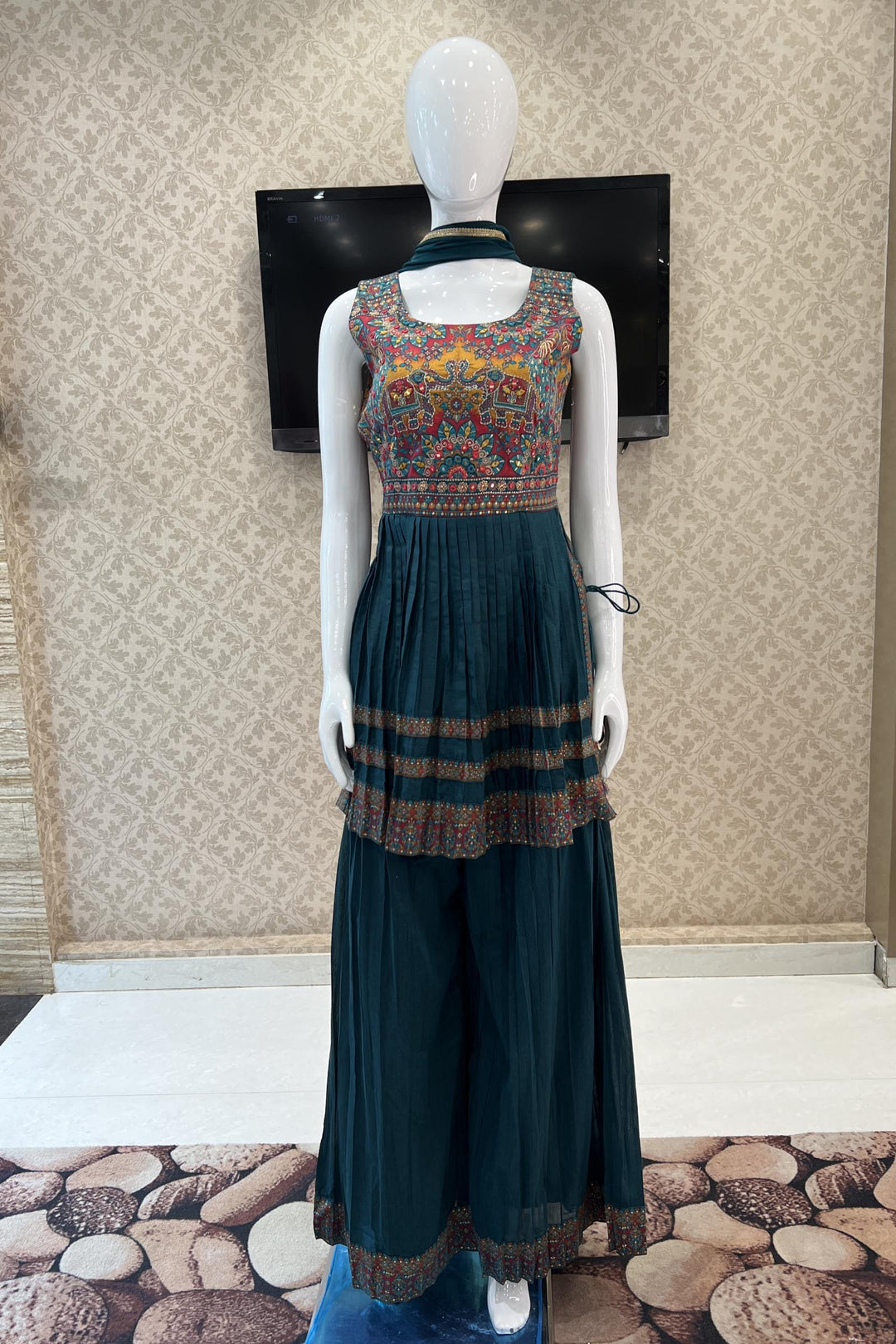 Peacock Green Ikat Print Peplum Top with Palazzo Suit Set - Seasons Chennai
