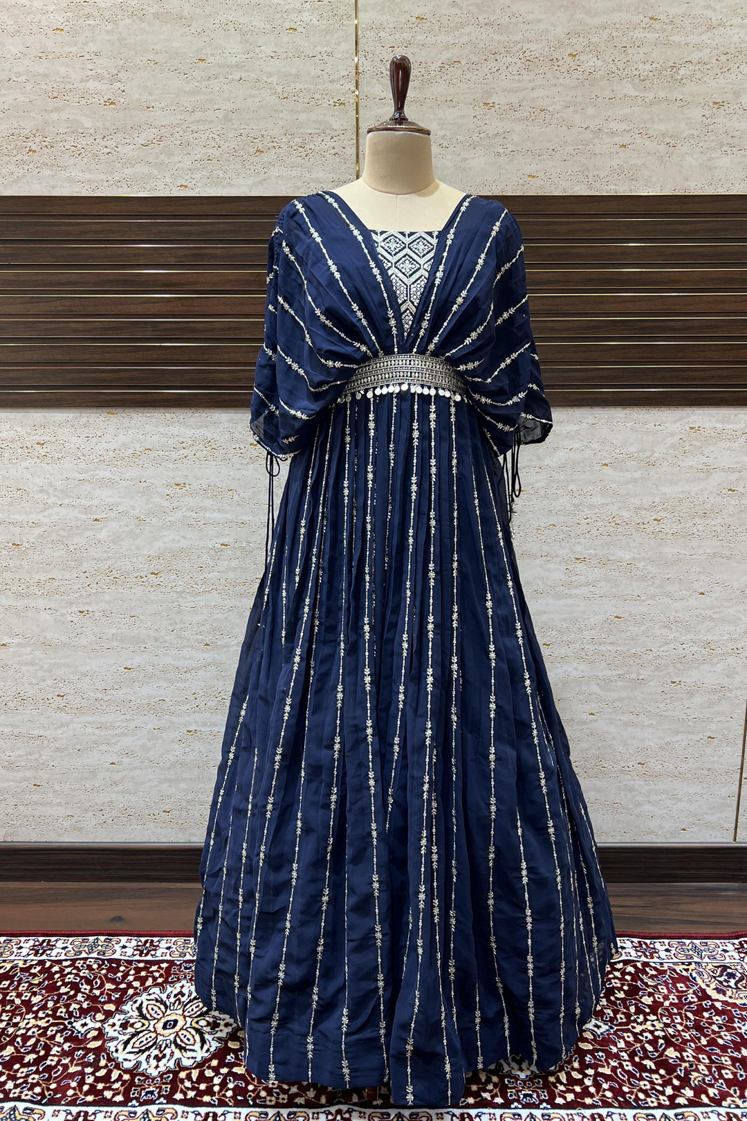 Blue Silver Zari and Sequins work Poncho Style Anarkali Gown - Seasons Chennai