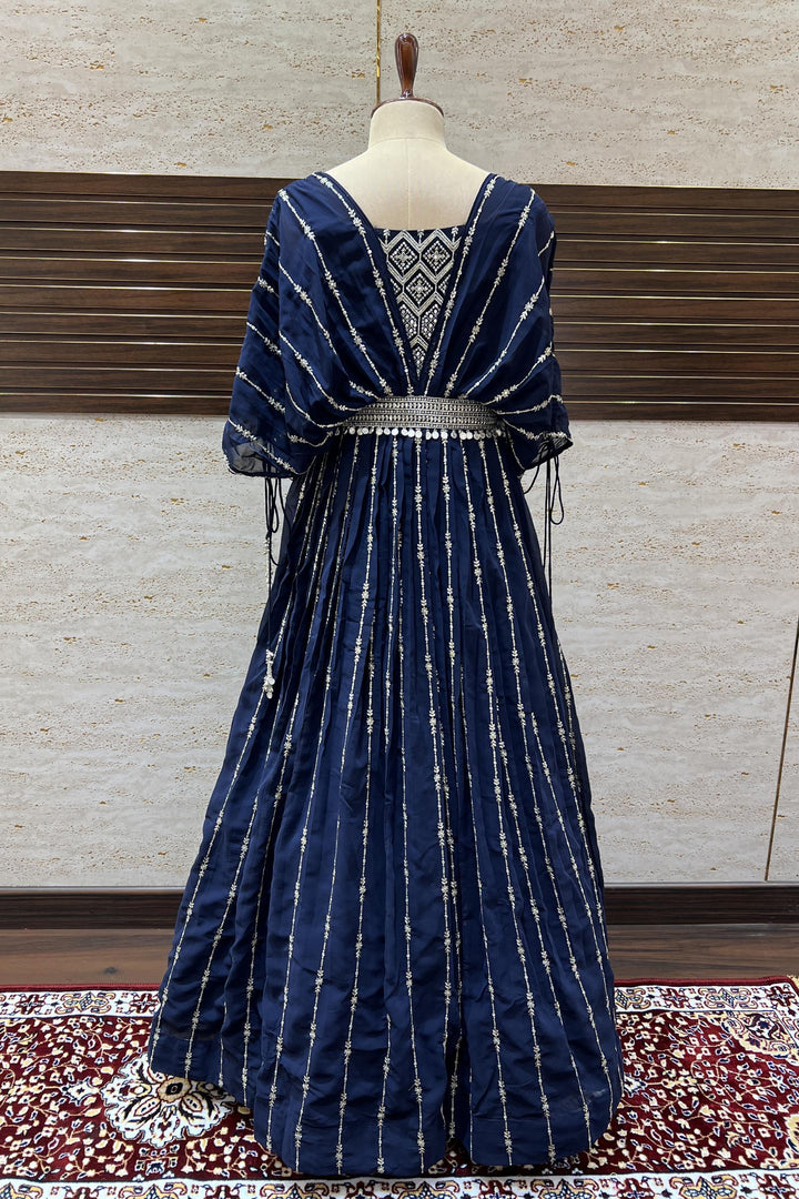 Blue Silver Zari and Sequins work Poncho Style Anarkali Gown - Seasons Chennai
