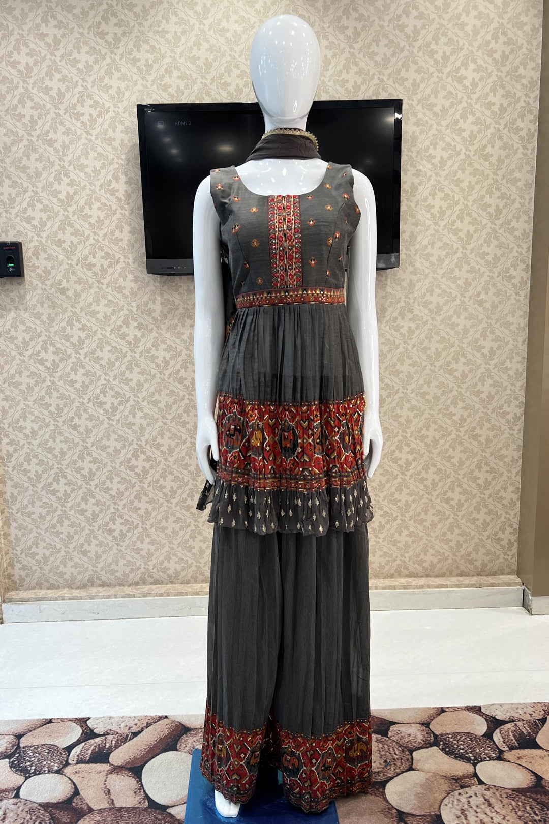 Grey Ikat Print, Mirror and Thread work Salwar Suit with Palazzo Pants - Seasons Chennai
