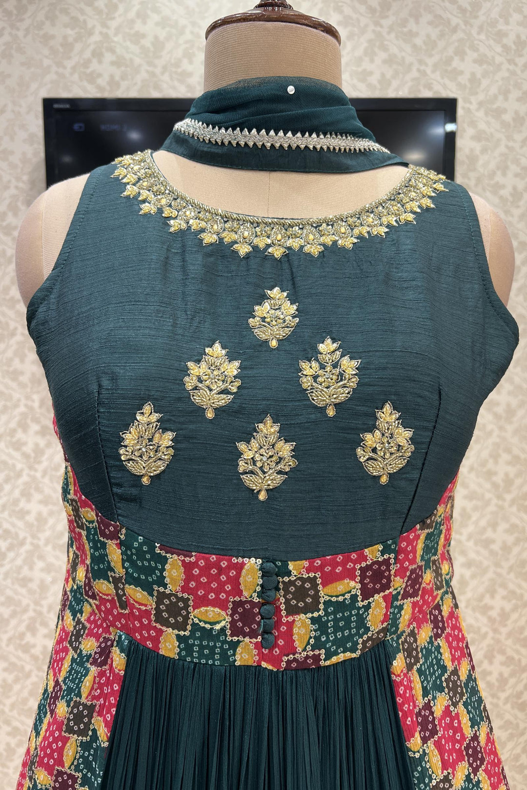 Bottle Green Embroidery, Beads, Sequins, Stone and Kundan work Floor Length Anarkali Suit - Seasons Chennai