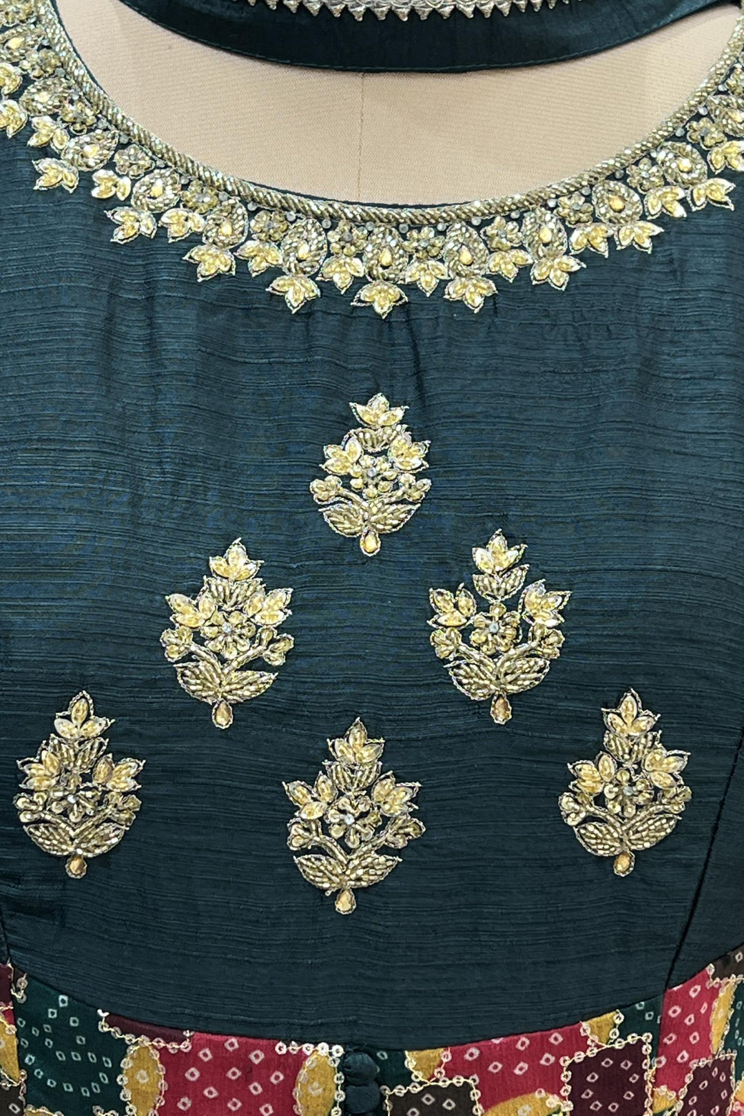 Bottle Green Embroidery, Beads, Sequins, Stone and Kundan work Floor Length Anarkali Suit - Seasons Chennai