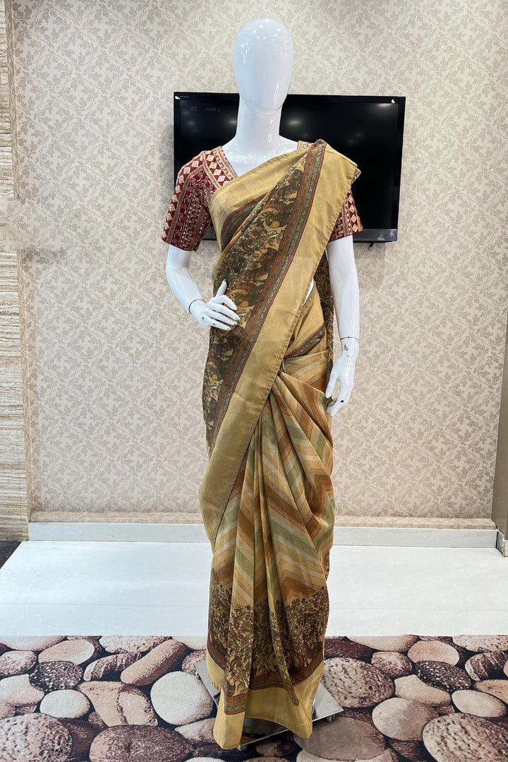 Gold with Kalamkari Print Tissue Silk Saree and Matching Unstitched Blouse - Seasons Chennai