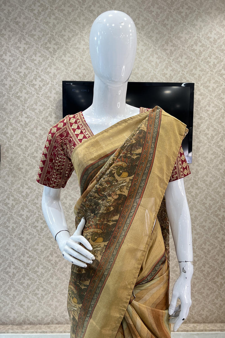 Gold with Kalamkari Print Tissue Silk Saree and Matching Unstitched Blouse - Seasons Chennai