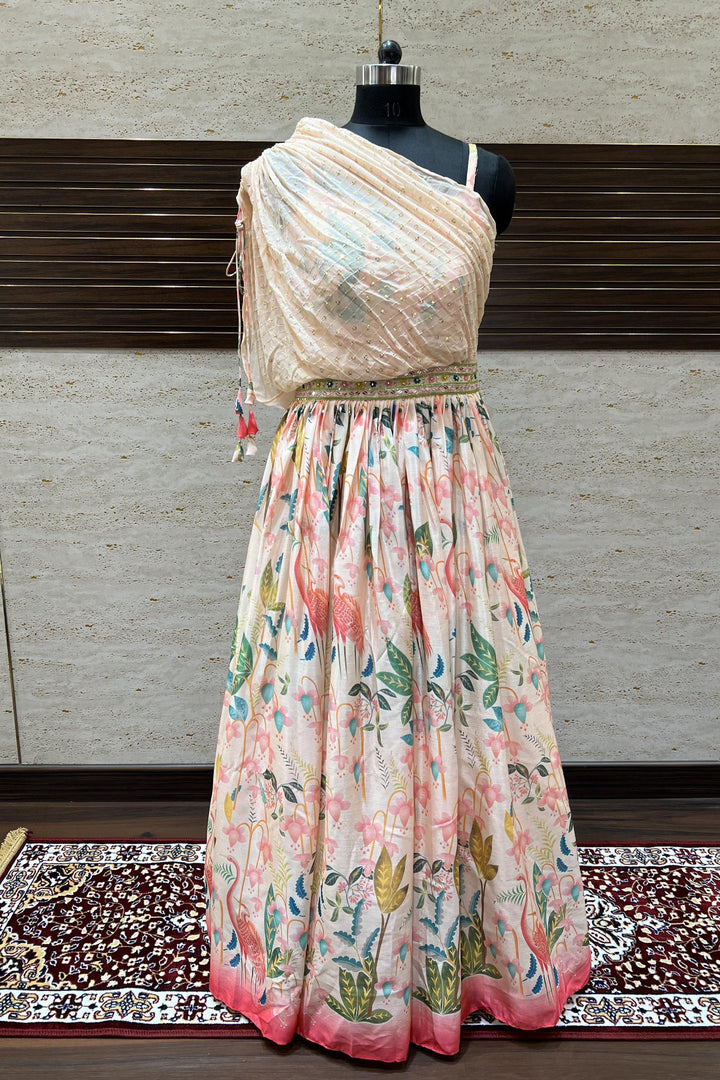 Peach Floral Print, Sequins, Mirror and Beads work Poncho Style Floor Length Anarkali Gown - Seasons Chennai