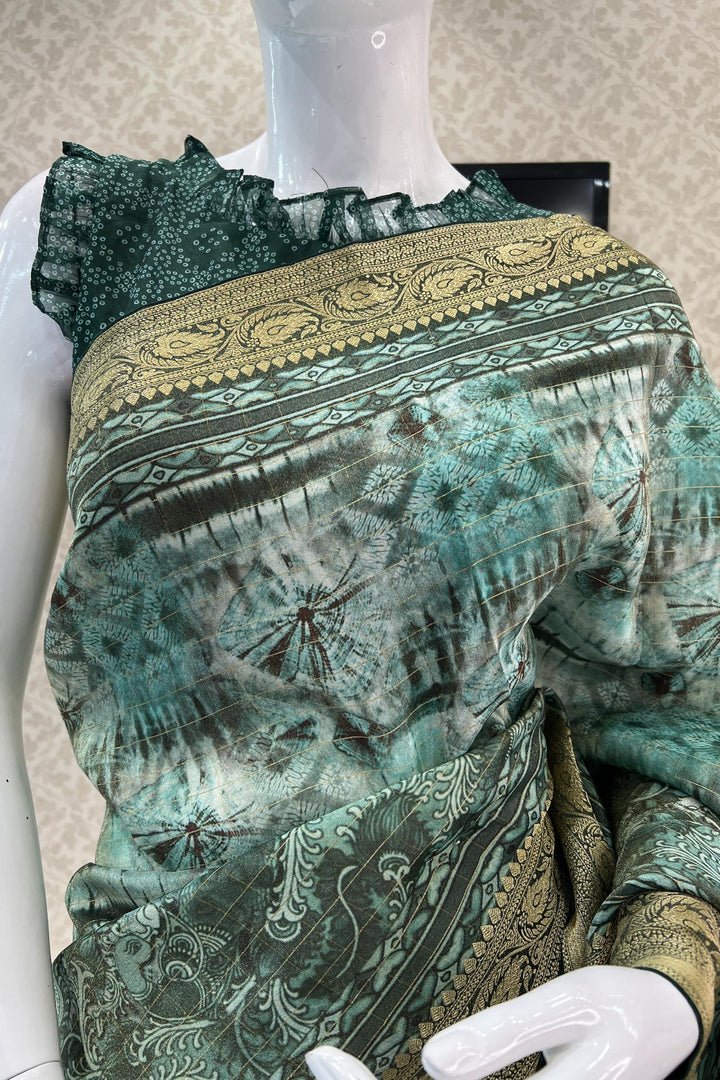 Green with Kalamkari Print Tissue Silk Saree and Matching Unstitched Blouse - Seasons Chennai