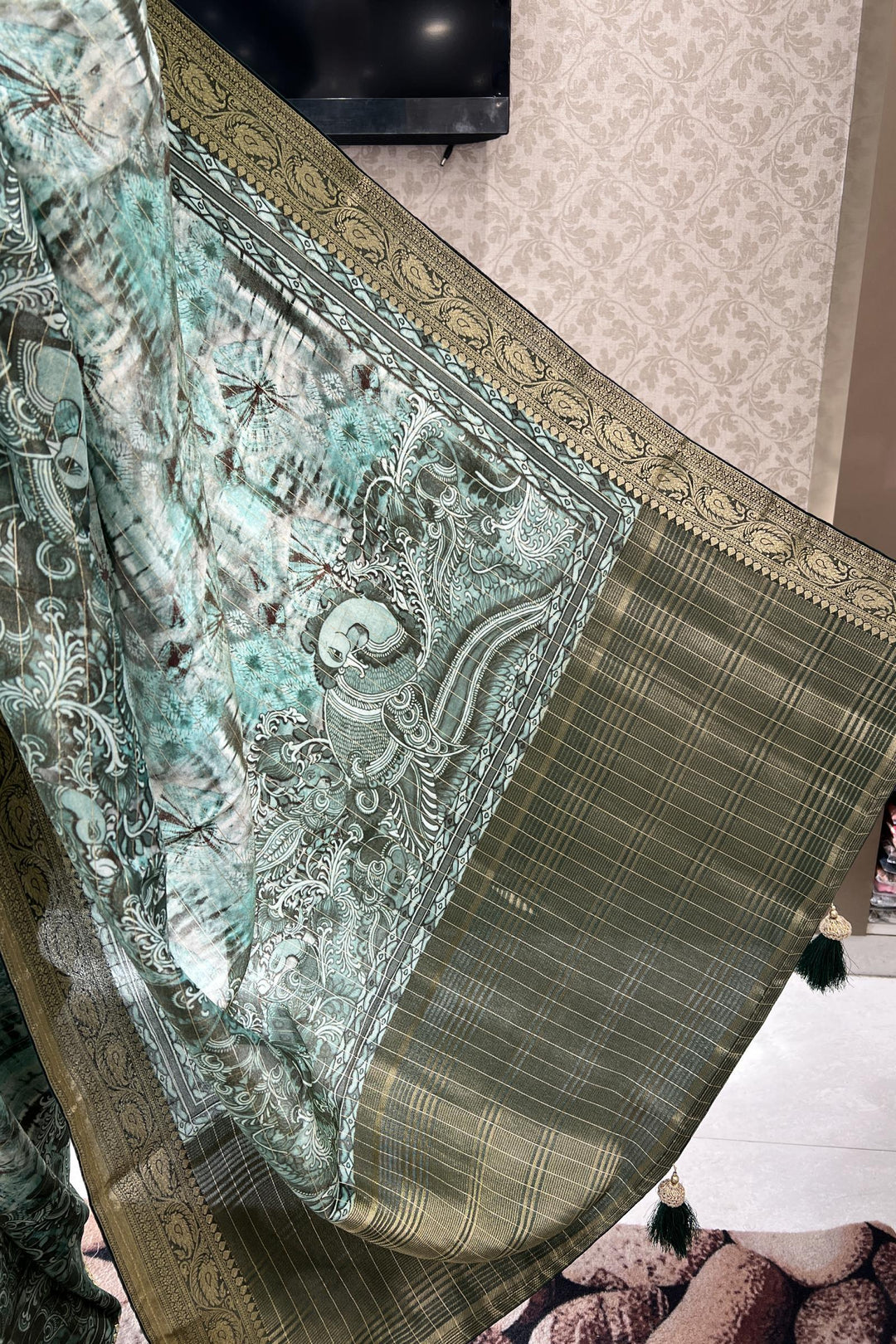 Green with Kalamkari Print Tissue Silk Saree and Matching Unstitched Blouse - Seasons Chennai