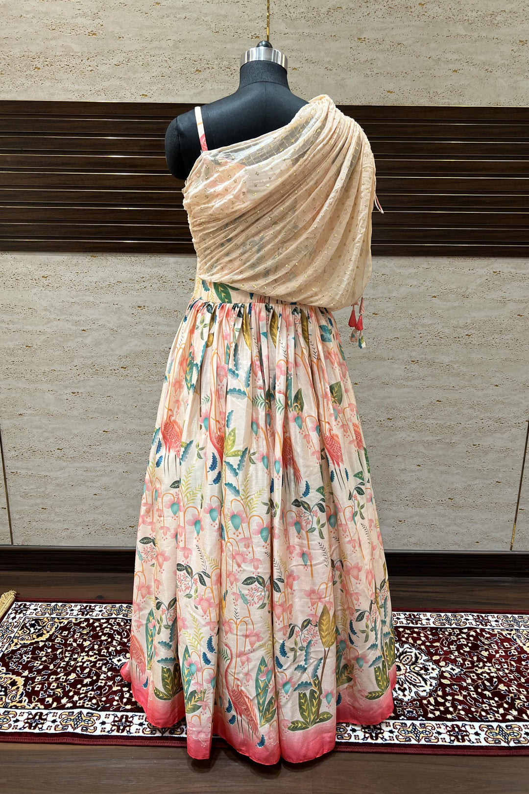 Peach Floral Print, Sequins, Mirror and Beads work Poncho Style Floor Length Anarkali Gown - Seasons Chennai