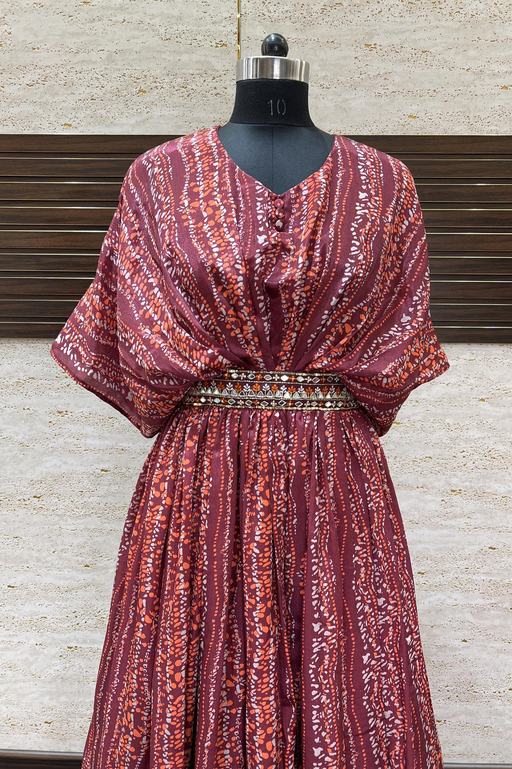 Maroon Sequins, Thread and Beads work with Printed Poncho Style Anarkali Gown - Seasons Chennai