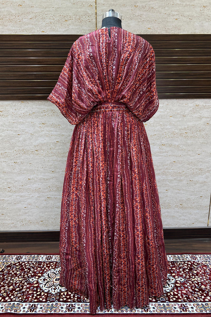 Maroon Sequins, Thread and Beads work with Printed Poncho Style Anarkali Gown - Seasons Chennai