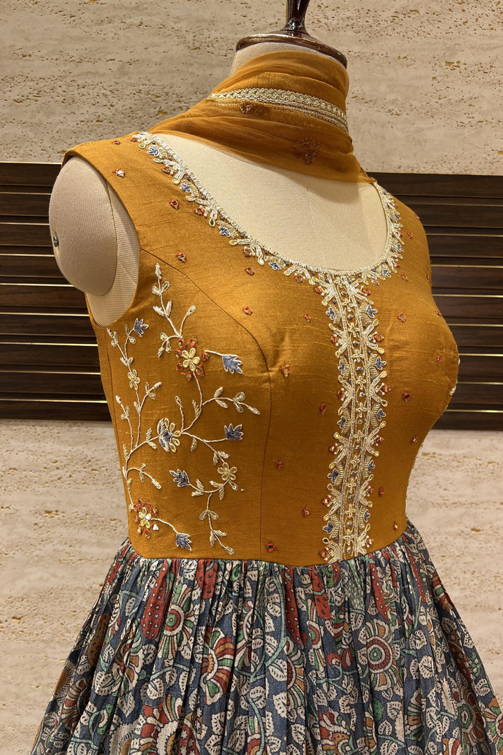 Honey Yellow and Blue Zari, Zardozi and Mirror work with Kalamkari Print Anarkali Suit - Seasons Chennai