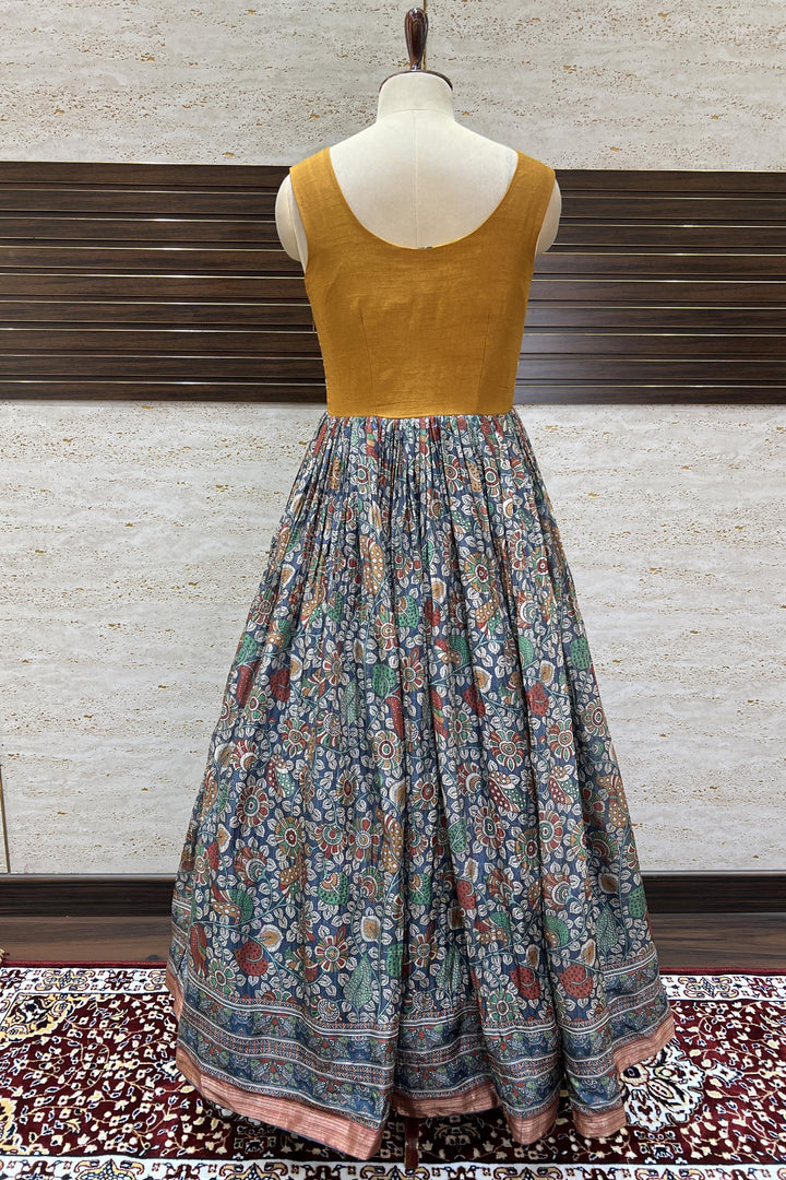 Honey Yellow and Blue Zari, Zardozi and Mirror work with Kalamkari Print Anarkali Suit - Seasons Chennai