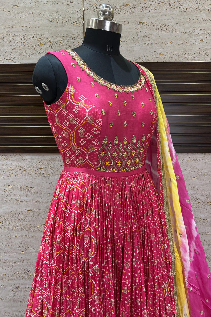 Fluorescent Pink Stone, Zari and Mirror work with Bandini Print Floor Length Anarkali Suit - Seasons Chennai