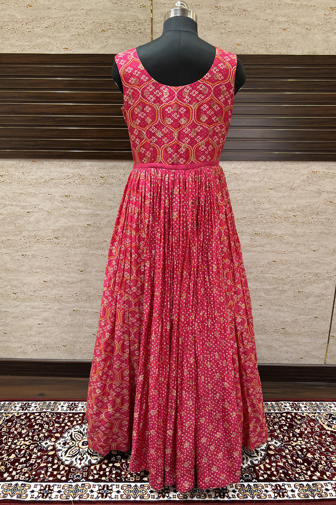Fluorescent Pink Stone, Zari and Mirror work with Bandini Print Floor Length Anarkali Suit - Seasons Chennai