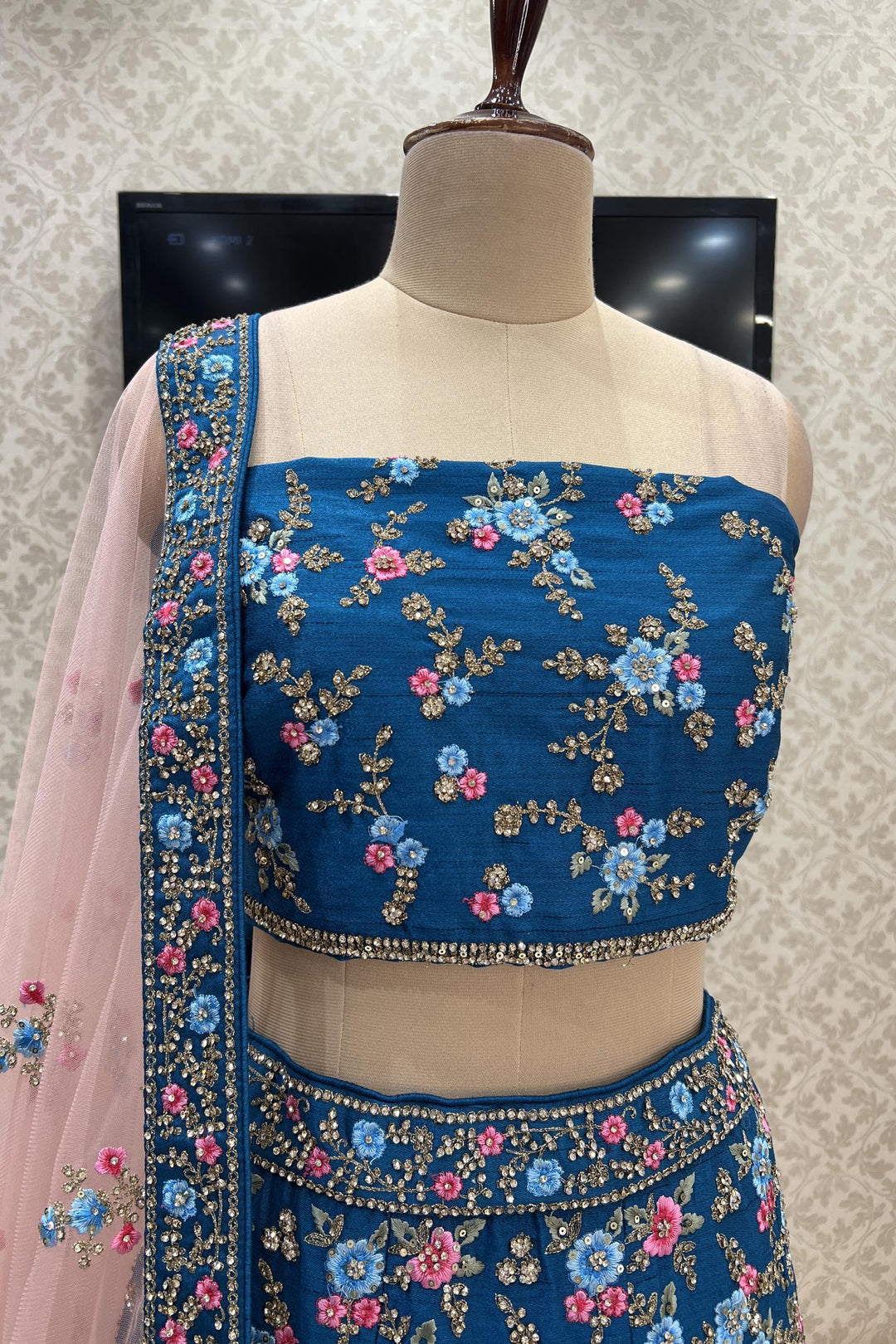 Peacock Blue Embroidery, Stone and Sequins work Semi Stitched Designer Bridal Lehenga - Seasons Chennai
