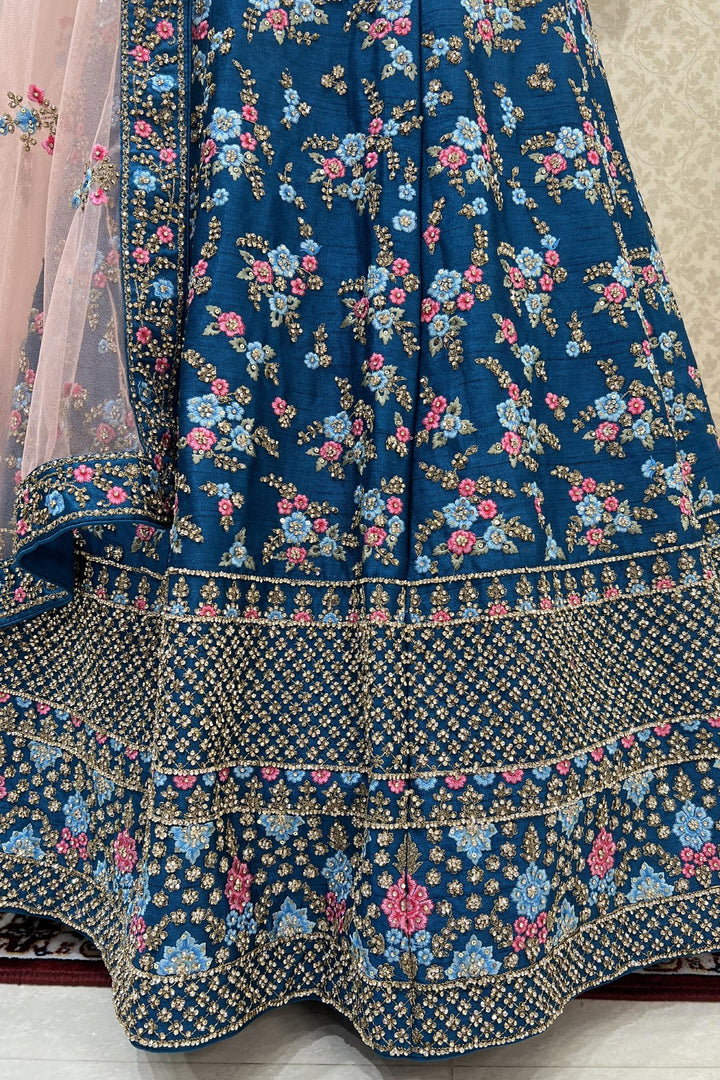 Peacock Blue Embroidery, Stone and Sequins work Semi Stitched Designer Bridal Lehenga - Seasons Chennai
