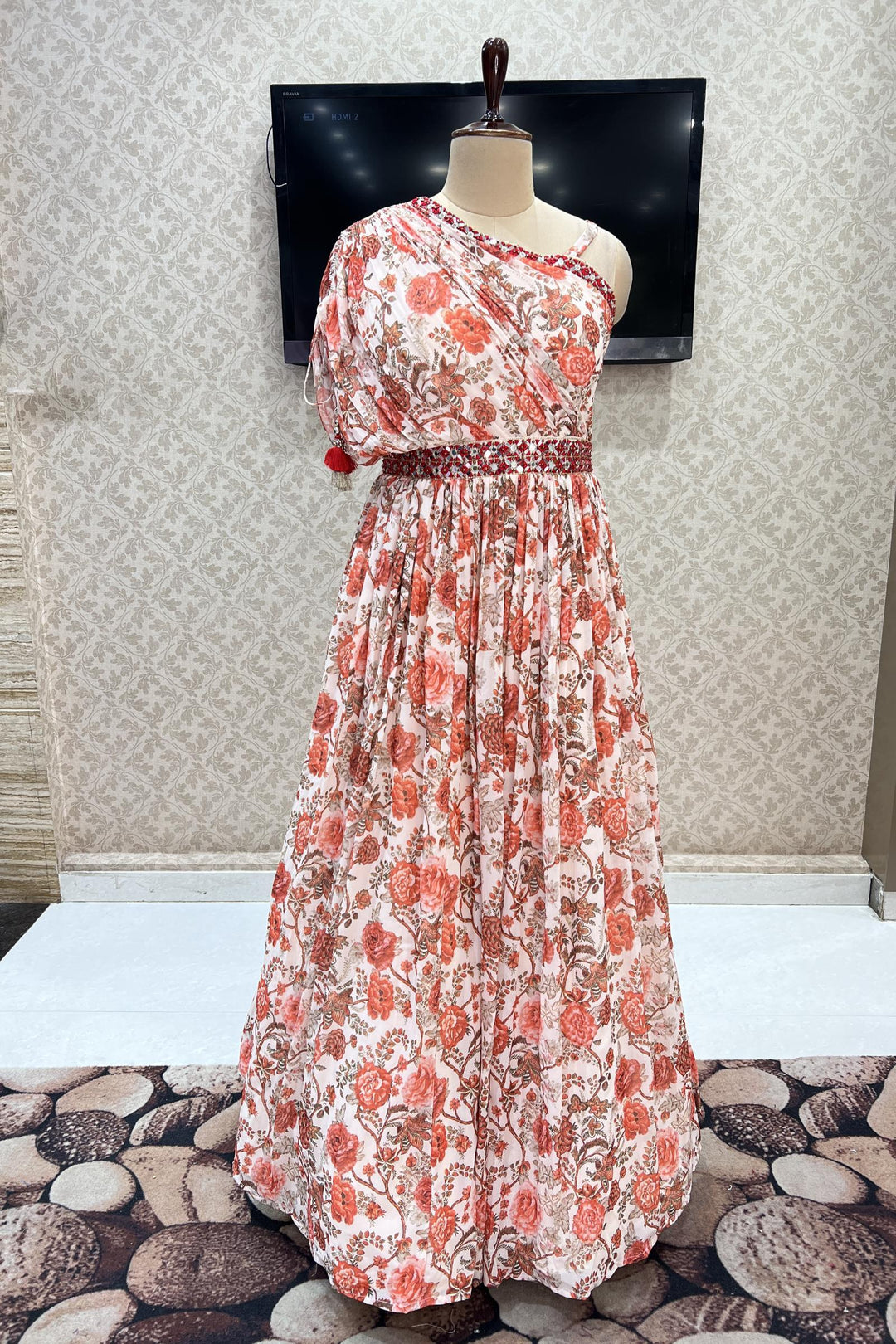Peach Floral Print Poncho Style Floor Length Anarkali Gown - Seasons Chennai