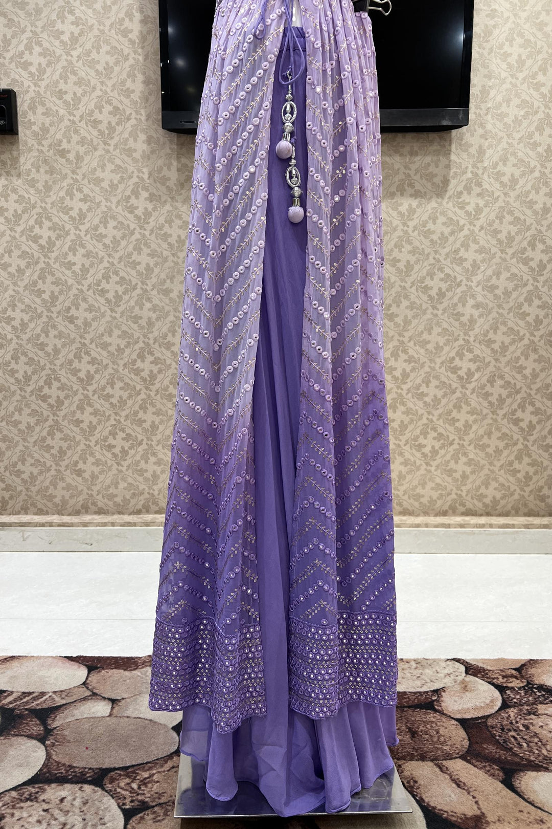 Lavender Shaded Mirror, Thread, Stone, Sequins and Zari work Salwar Suit with Palazzo Pants - Seasons Chennai
