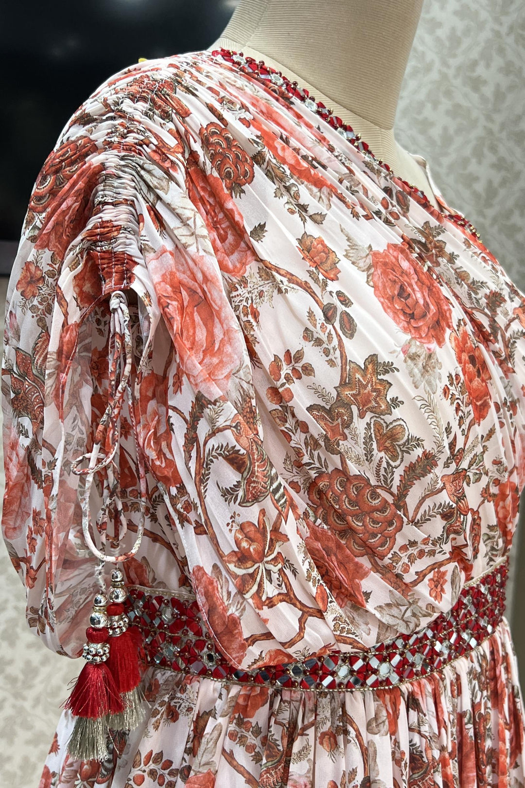 Peach Floral Print Poncho Style Floor Length Anarkali Gown - Seasons Chennai