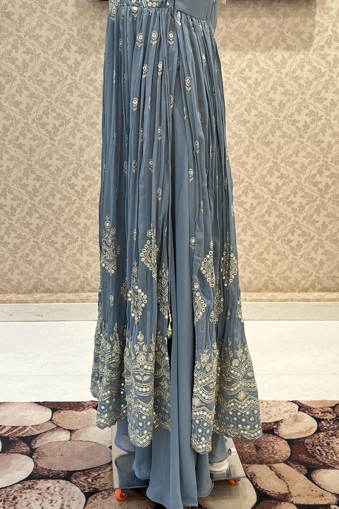 Grey Silver Zari and Sequins work Salwar Suit with Palazzo Pant - Seasons Chennai