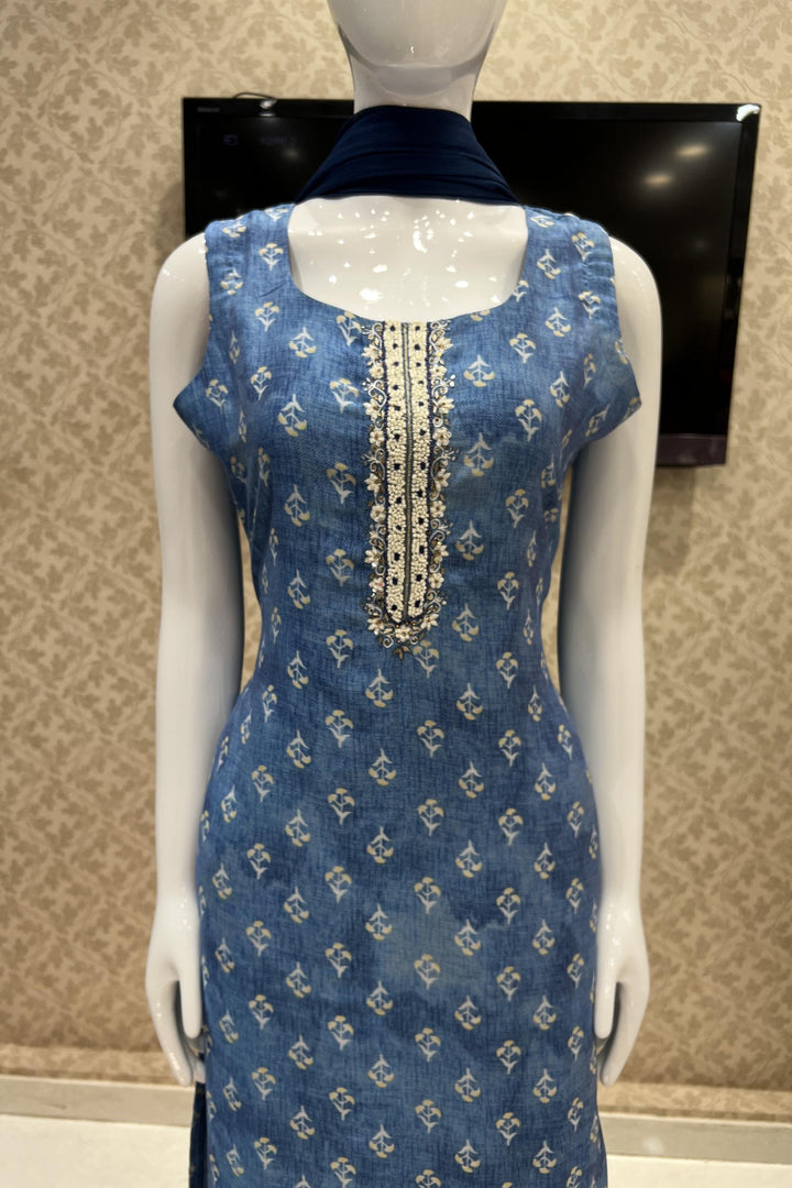 Blue Sequins, Zardozi and Stone work with Digital Print Straight Cut Salwar Suit - Seasons Chennai