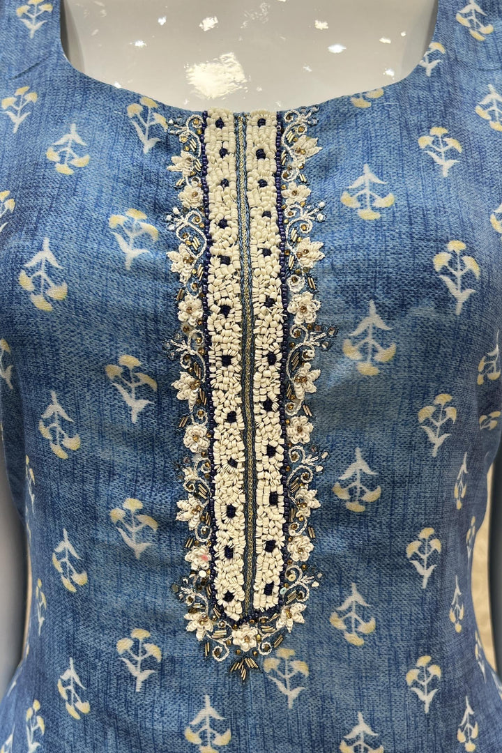 Blue Sequins, Zardozi and Stone work with Digital Print Straight Cut Salwar Suit - Seasons Chennai