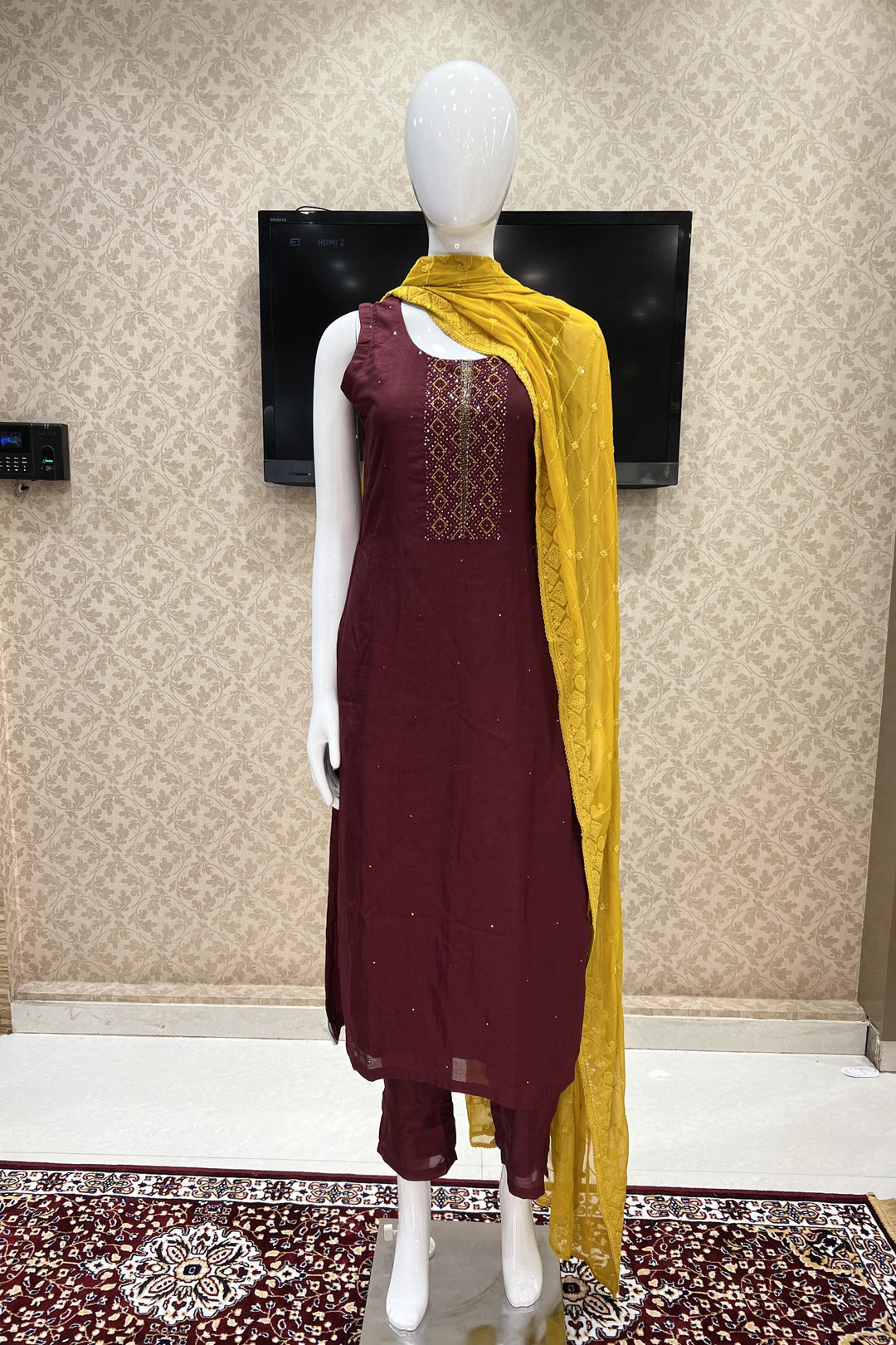 Maroon Sequins, Pearl, Beads and Thread work Straight Cut Salwar Suit - Seasons Chennai