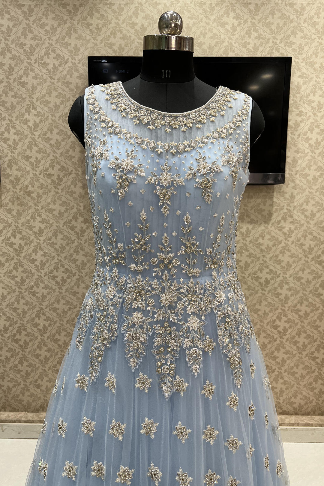 Ice Blue Stone, Beads, Pearl and Sequins work Bridal and Partywear Gown - Seasons Chennai