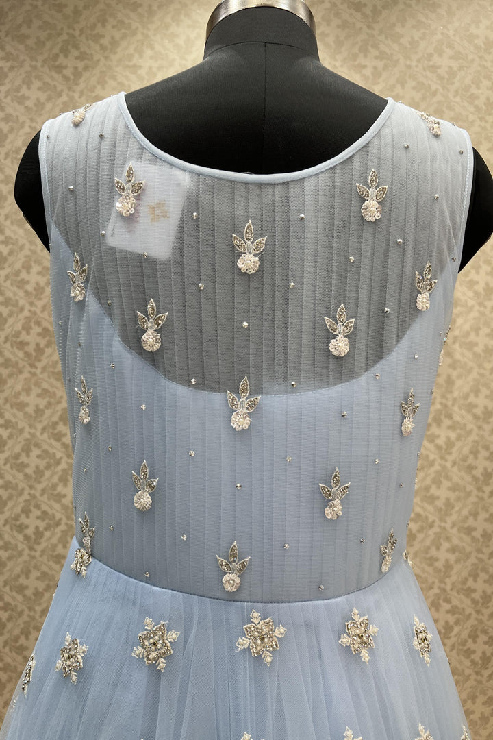 Ice Blue Stone, Beads, Pearl and Sequins work Bridal and Partywear Gown - Seasons Chennai