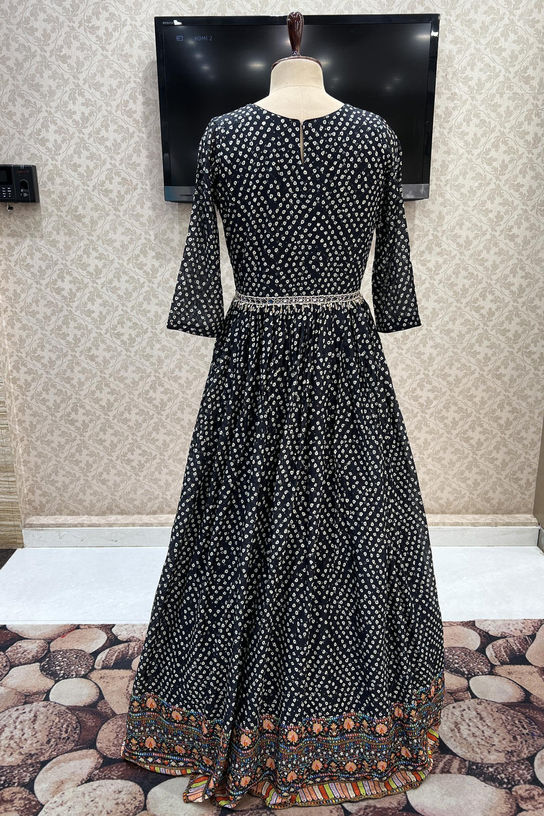 Black Bandini Print, Sequins and Thread Weaving work Floor Length Anarkali Suit - Seasons Chennai