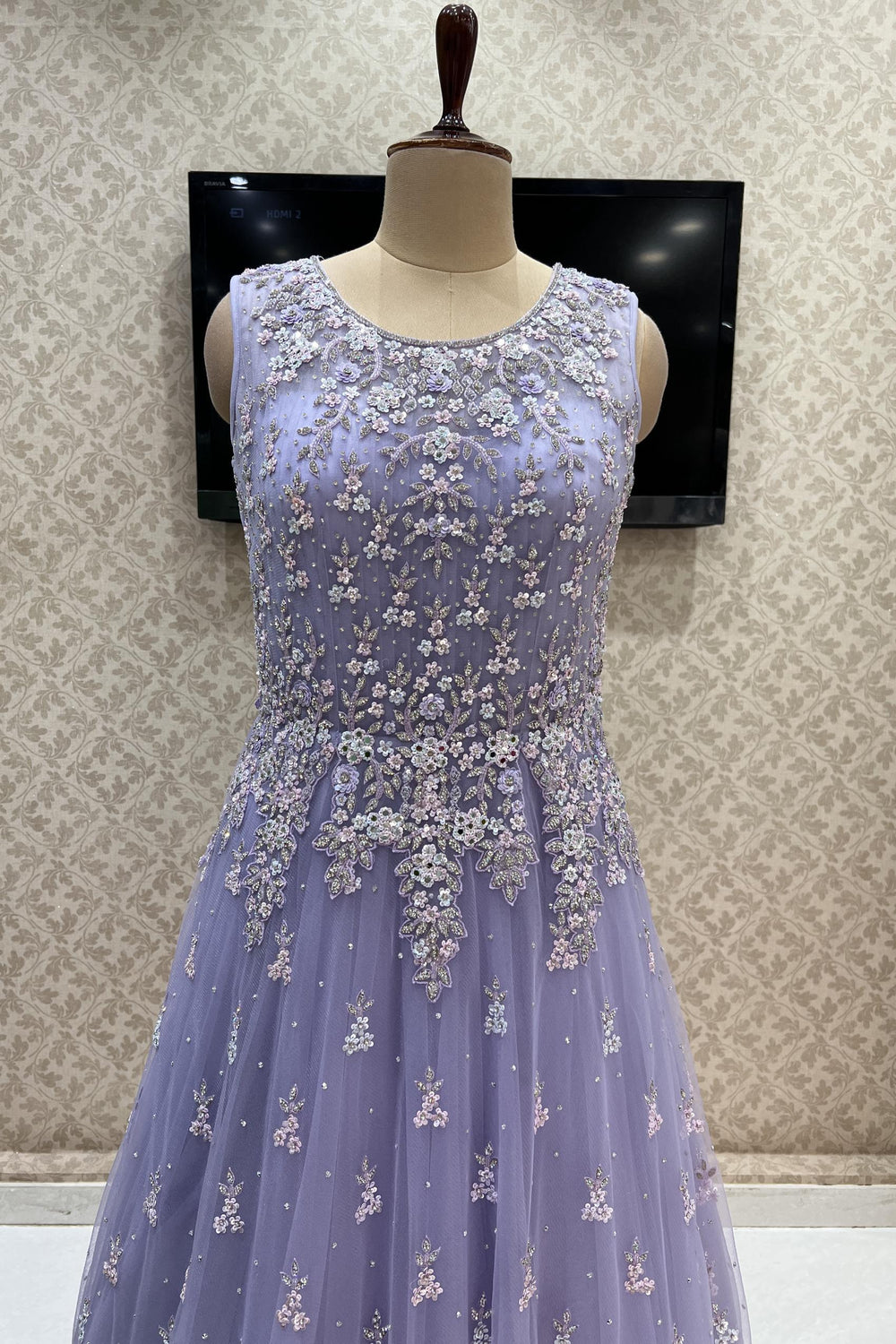 Lilac Stone, Sequins, Mirror and Beads work Bridal and Partywear Gown - Seasons Chennai
