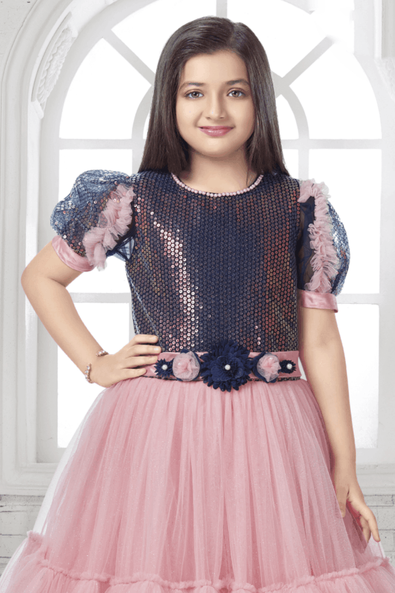 Pink with Navy Blue Sequins work Long Party Frock for Girls - Seasons Chennai