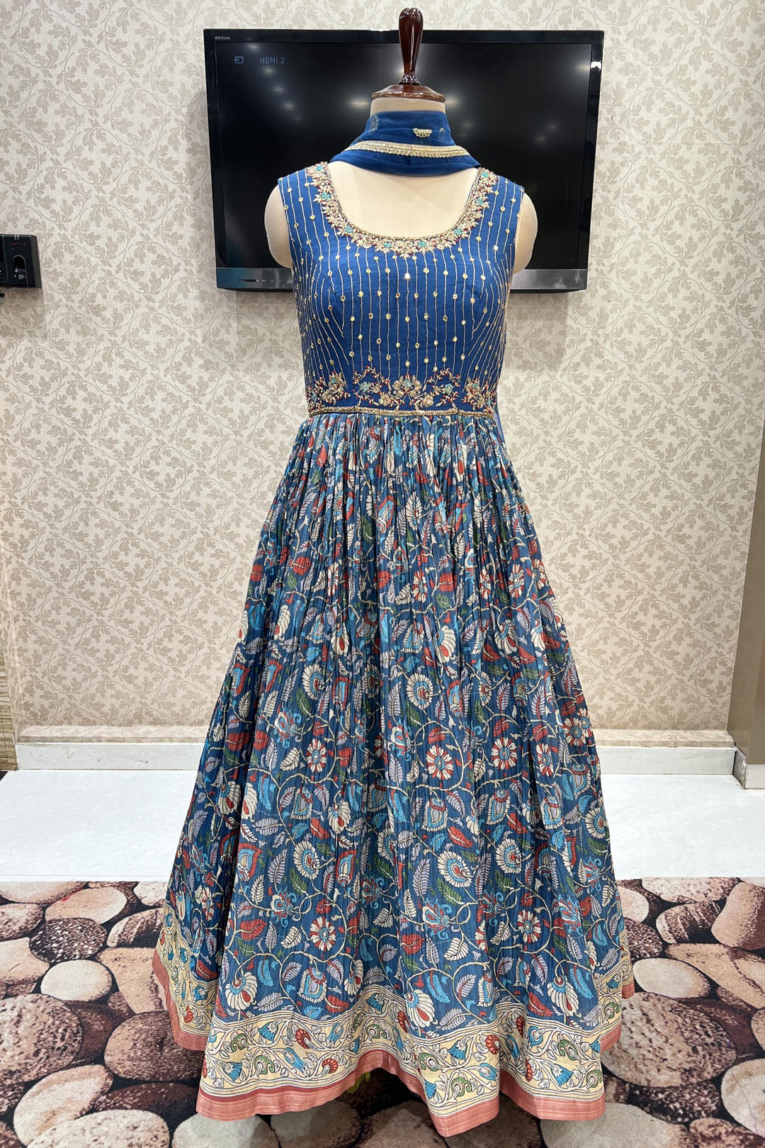 Blue Zardozi, Stone, Beads and Mirror work with Floral Kalamkari Print Anarkali Suit - Seasons Chennai