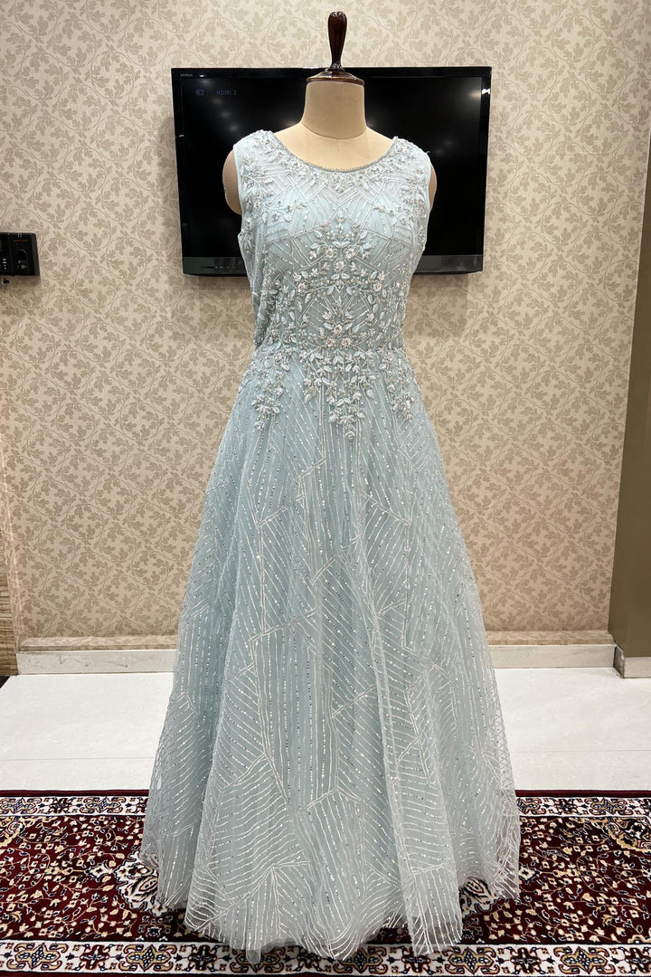 Aqua Blue Sequins, Silver Zari, Beads and Stone work Bridal and Partywear Gown - Seasons Chennai