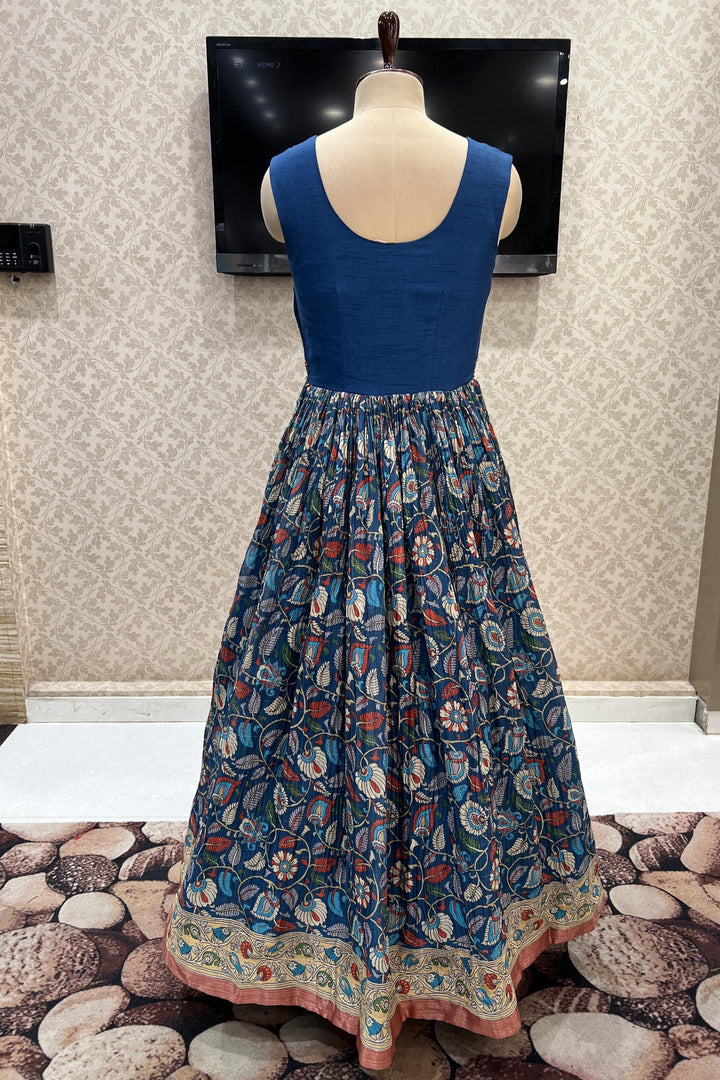 Blue Zardozi, Stone, Beads and Mirror work with Floral Kalamkari Print Anarkali Suit - Seasons Chennai