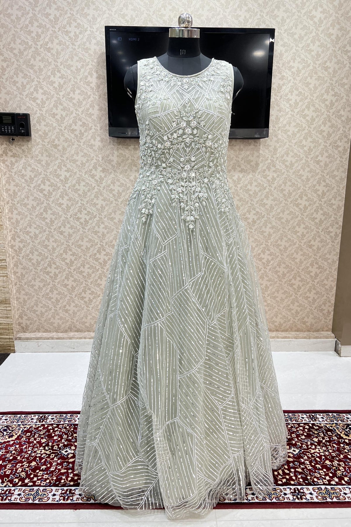 Beige Shimmer Net Designer Gown 47420 | Net gowns, Designer gowns, Western  dresses
