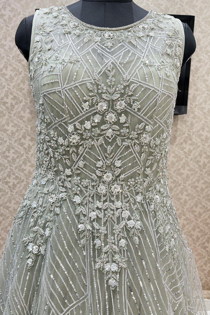 Sea Green Sequins, Silver Zari, Beads and Stone work Bridal and Partywear Gown - Seasons Chennai