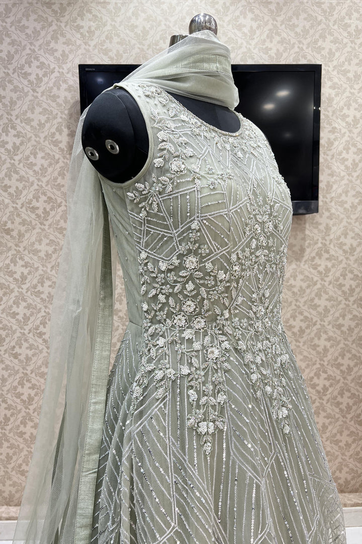 Sea Green Sequins, Silver Zari, Beads and Stone work Bridal and Partywear Gown - Seasons Chennai