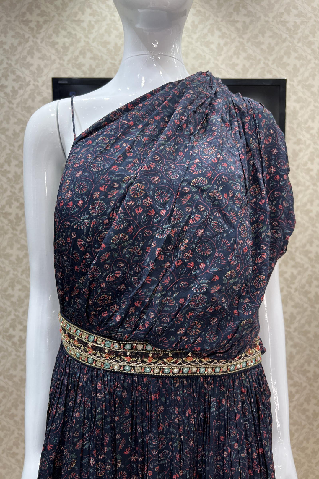 Navy Blue Floral Print Indo Western Style Floor Length Anarkali Gown - Seasons Chennai