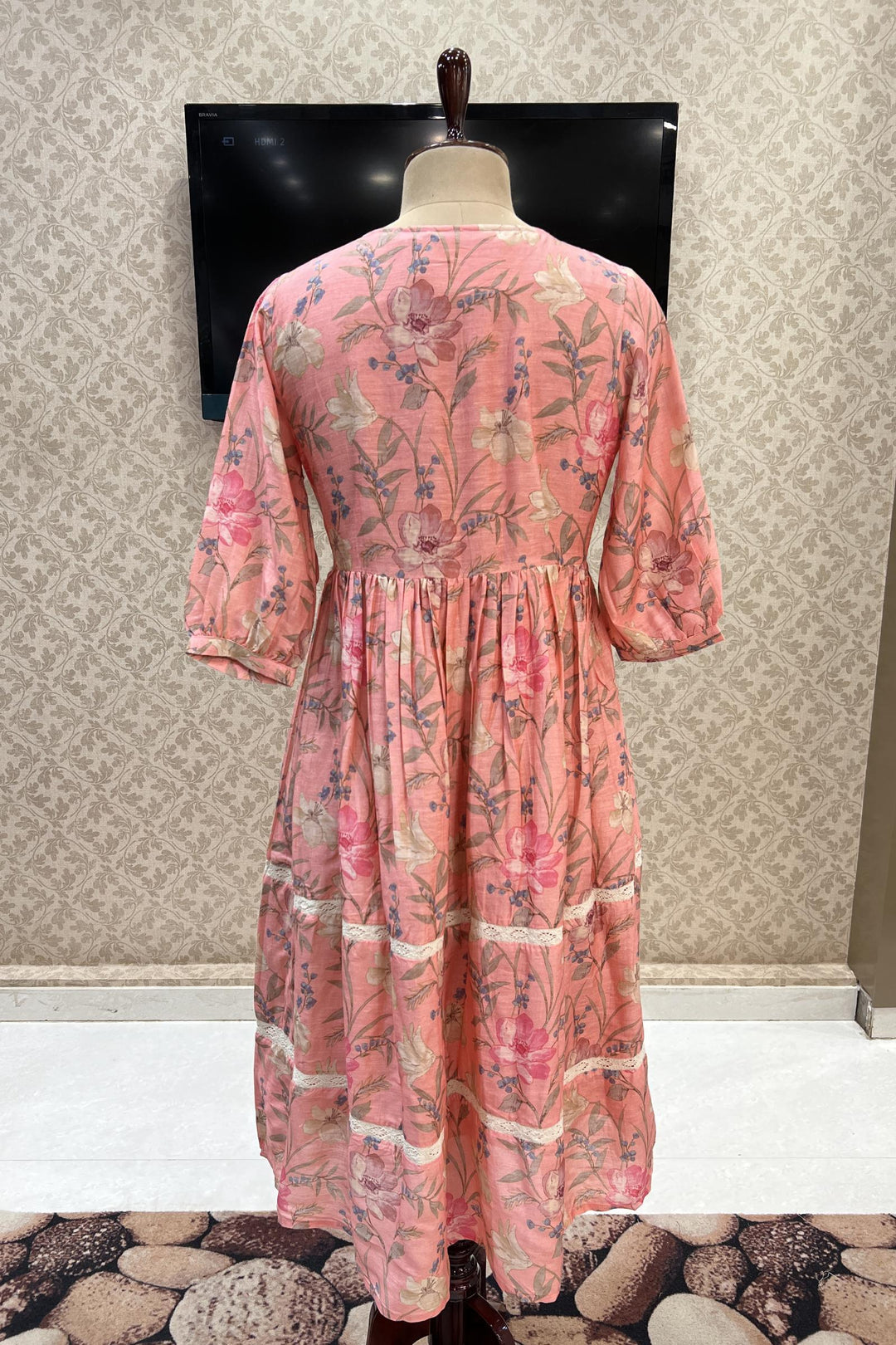 Peach Floral Print with Sequins and Thread work Anarkali Long Kurti - Seasons Chennai